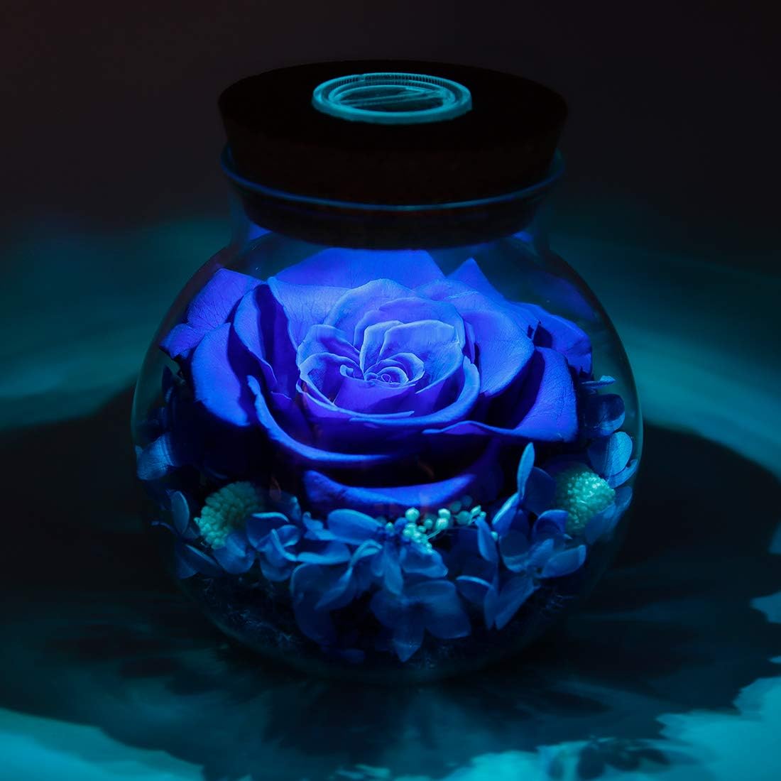 Preserved Real Roses with Colorful Mood Light Wishing Bottle, Eternal Rose,Never Withered Flowers, Table Decor,Christmas Anniversary Valentine's, Blue 4.3inch, 1pcs