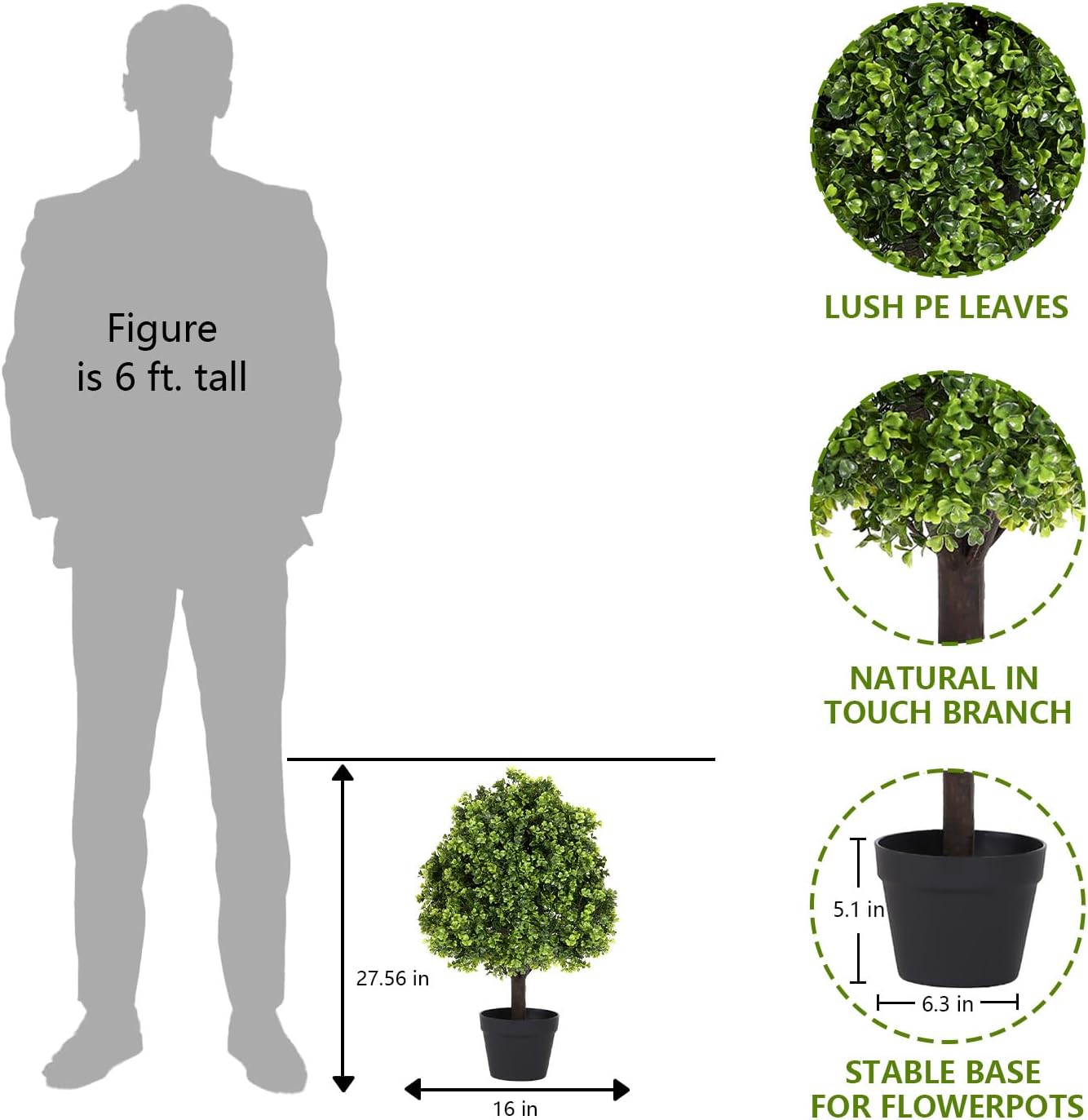 27“ Realistic Artificial Boxwood Topiary Trees Set of 2, Faux Boxwood Plants Outdoor UV-Resistant, No Maintenance Curb Appeal Fake Evergreen Bushes & Shrubs for Front Porch Outside Planter Decor