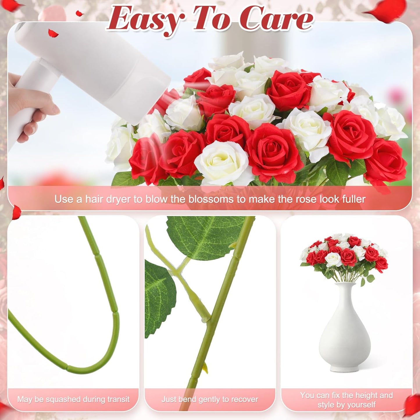 36 Pcs Red and White Rose Artificial Roses Flowers Bouquet Centerpiece,Fake Silk Rose Stem Realistic Artificial Flowers Bulk for Bridal Wedding Bouquet Ball Arrangement Party Decor