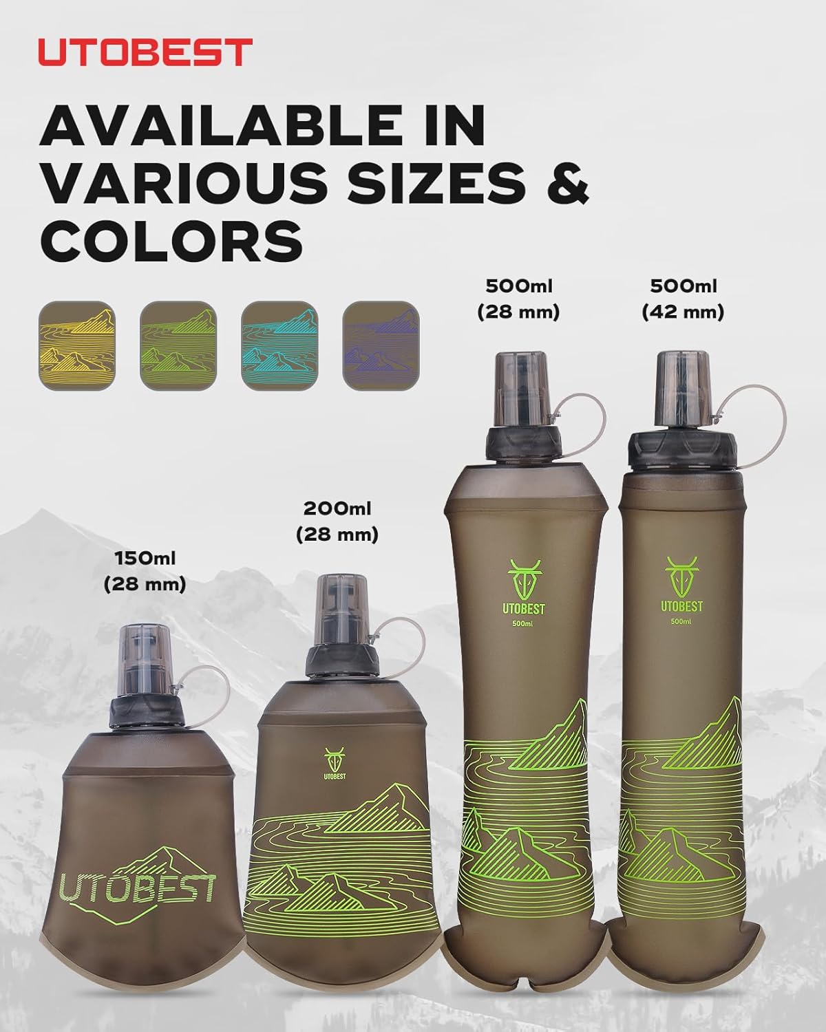 UTOBEST 200ml Soft Flask, 2 Pack Flexible TPU Hydration Water Bottle, Collapsible with 28mm Caliber for Running, Hiking, Cycling, Climbing, and Marathon Green