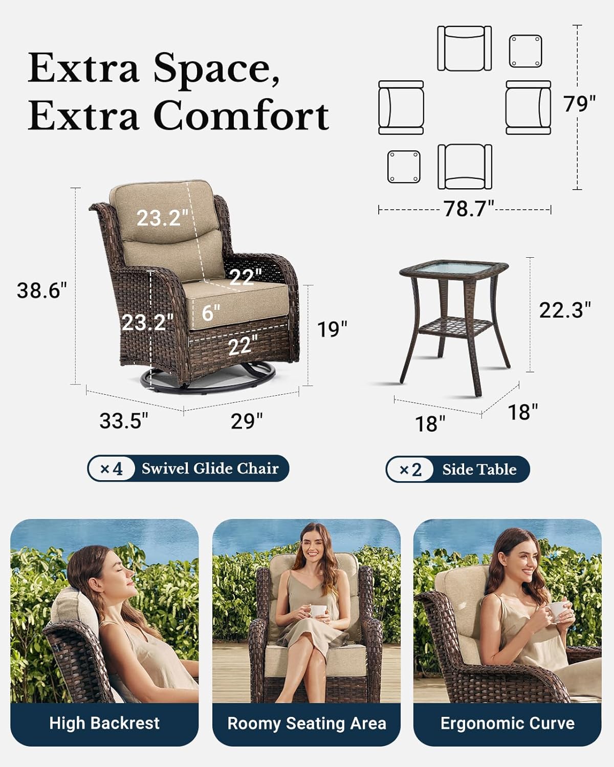 HILLGA Luxury Patio Furniture Set with 6-inch Thick Cushion, Outdoor High Back Swivel Rocker Patio Chairs, 6PCS Wicker Conversation Set for Deck Yard and Poolside, Beige (V2)