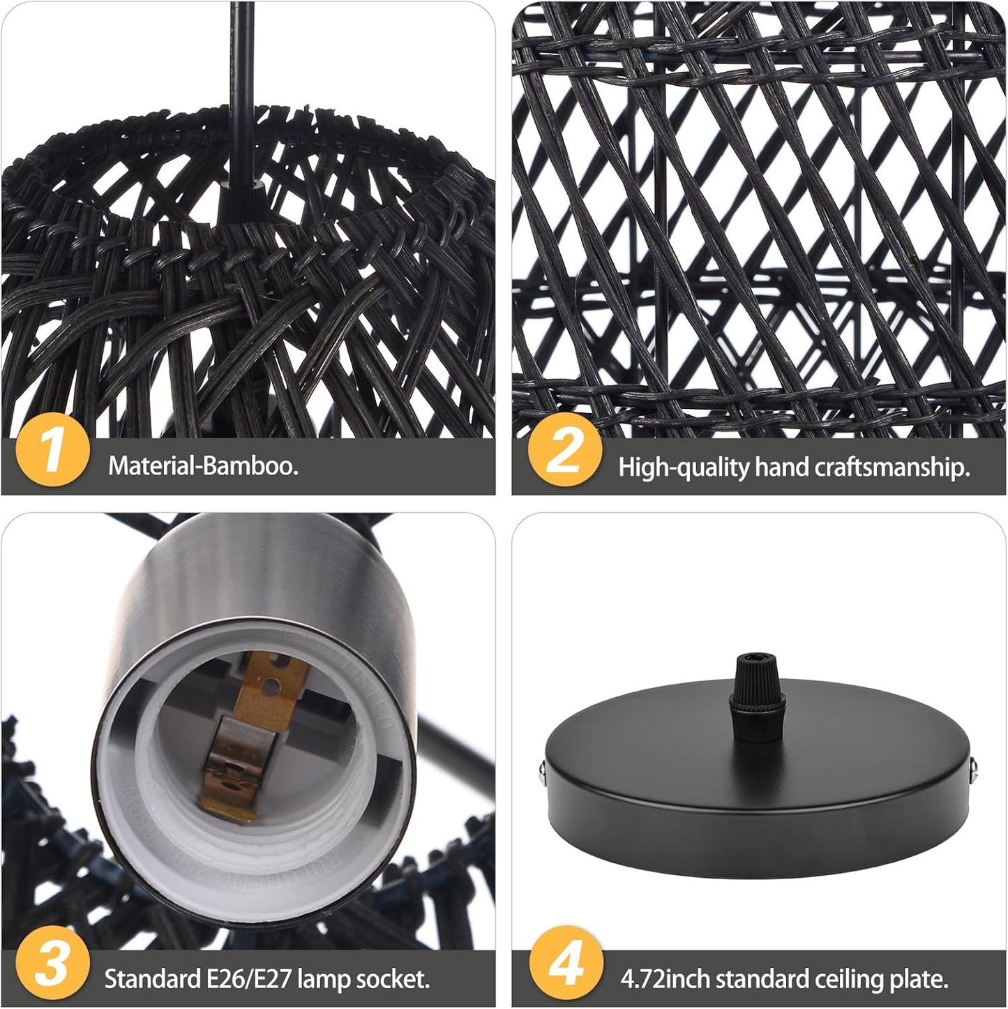 Arturesthome 1 Light Rustic Rattan Basket Pendant Light Fixture, Boho Wicker Chandelier Lamp Black, Coastal Handmade Crafts Lampshade, Farmhouse Hanging Ceiling Lighting for Dining Kitchen