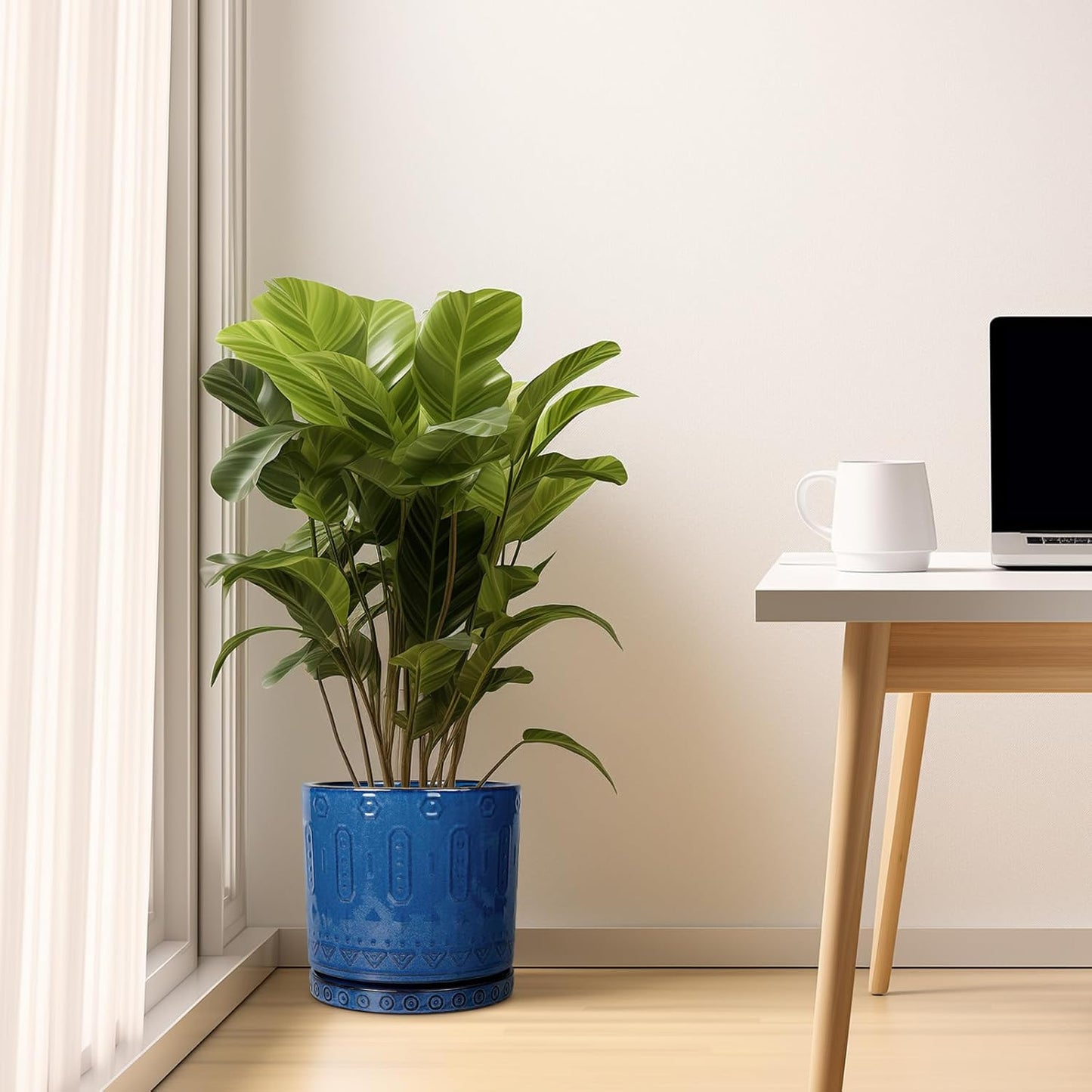 10 Inch Plant Pot - Ceramic Planter Outdoor Plant Pot Indoor with Drainage Holes and Saucer Large Flower Pot Round Decorative Planter for Garden Patio Decor Blue