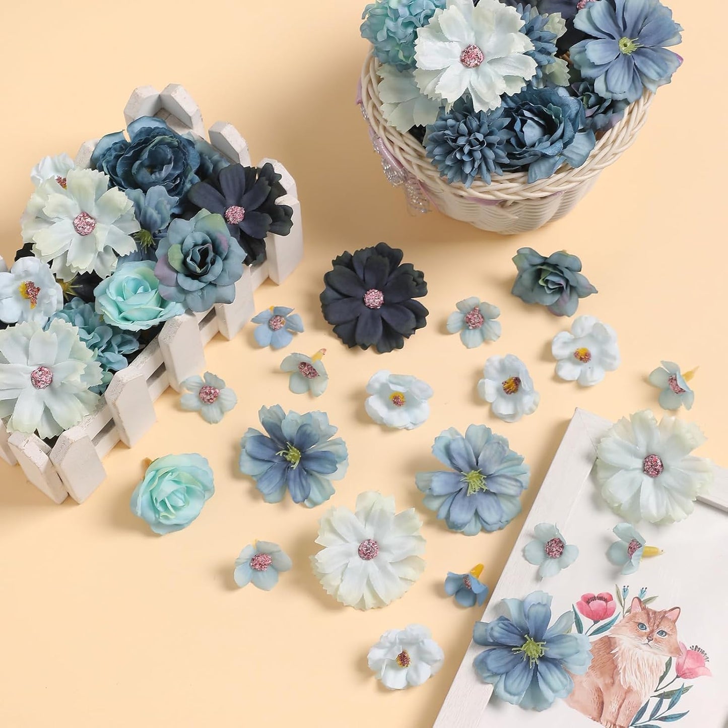 Faux Flower Heads Small Silk Artificial Flower DIY Fake Mini Flowers Rose Daisy Multicolor Flowers Craft Supplies for Wedding Party Wreath Graduation Season Party Home Decor (125, Blue)