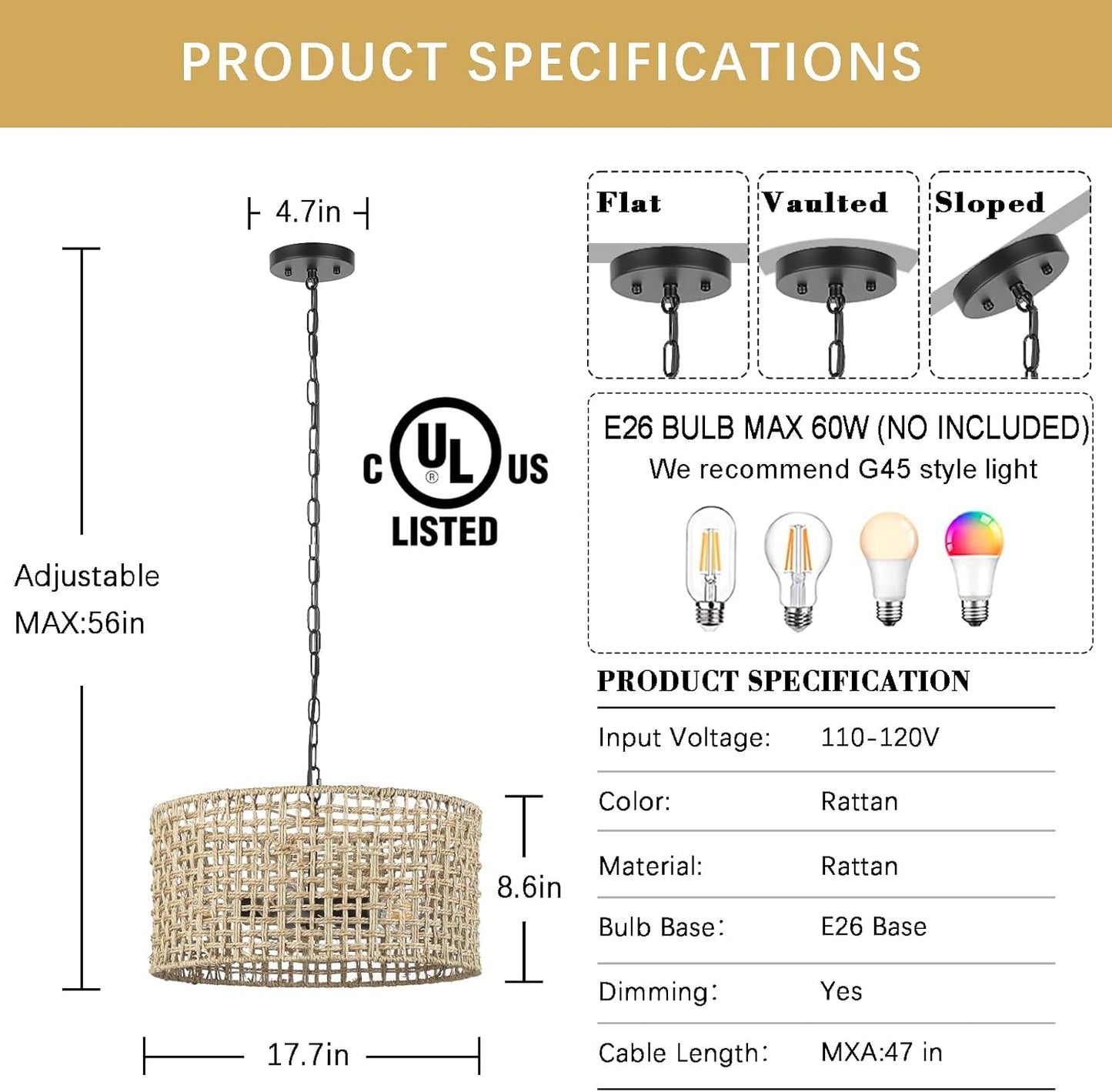 17.7" Rattan Dining Room Light fixtures, 5-Light Hand Woven Pendant Lights Kitchen Island Rattan Boho Chandelier Bohemian Hanging Ceiling Lights Wicker Lighting for Restaurants Living Room