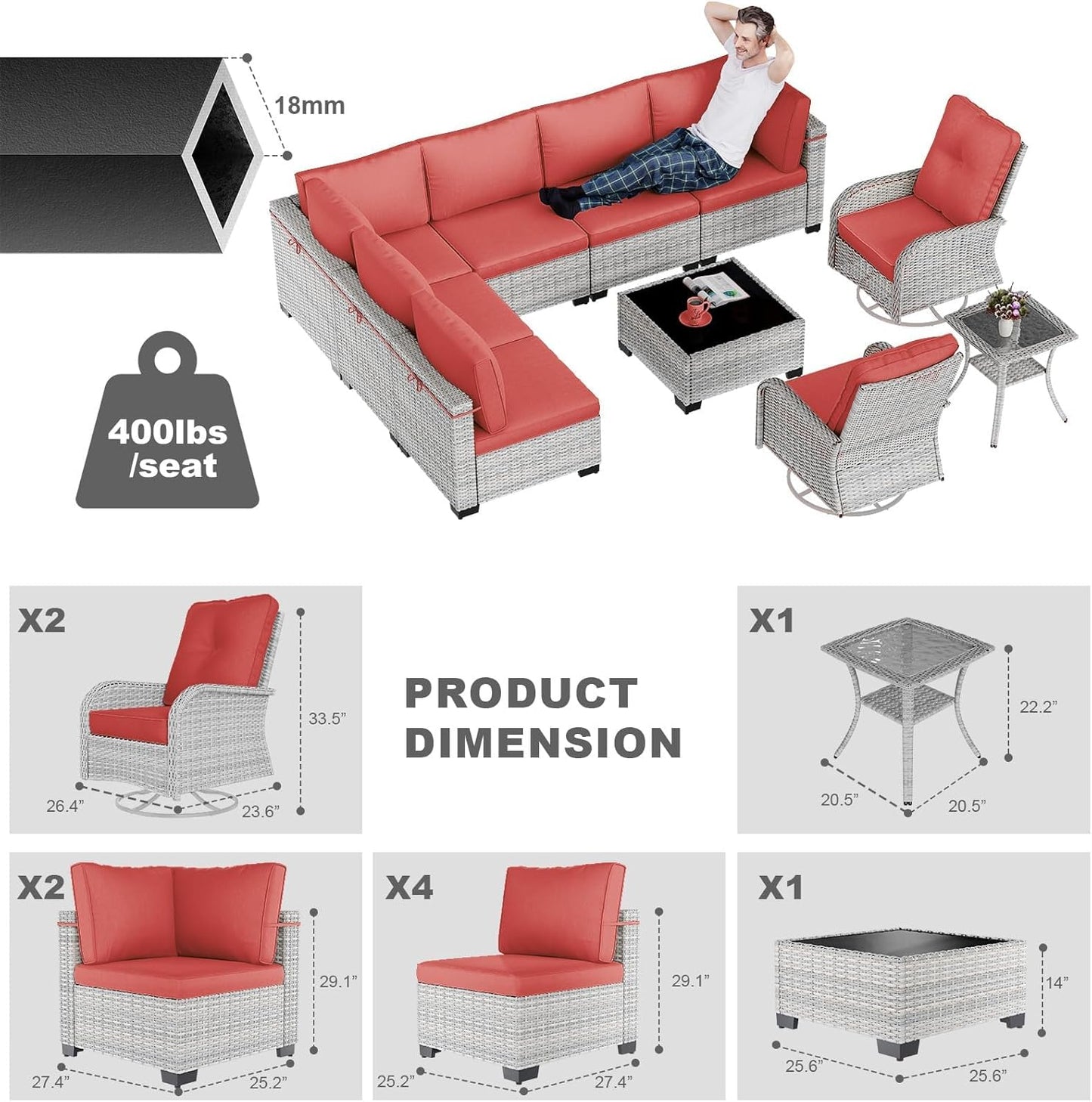 10-Piece Patio Furniture Set, Outdoor Patio Furniture with Swivel Chairs Set, Thick Cushions, Modular Patio Sofa, Dual-Strand Wicker Rattan, Rust-Resistant Frame, Dark Red
