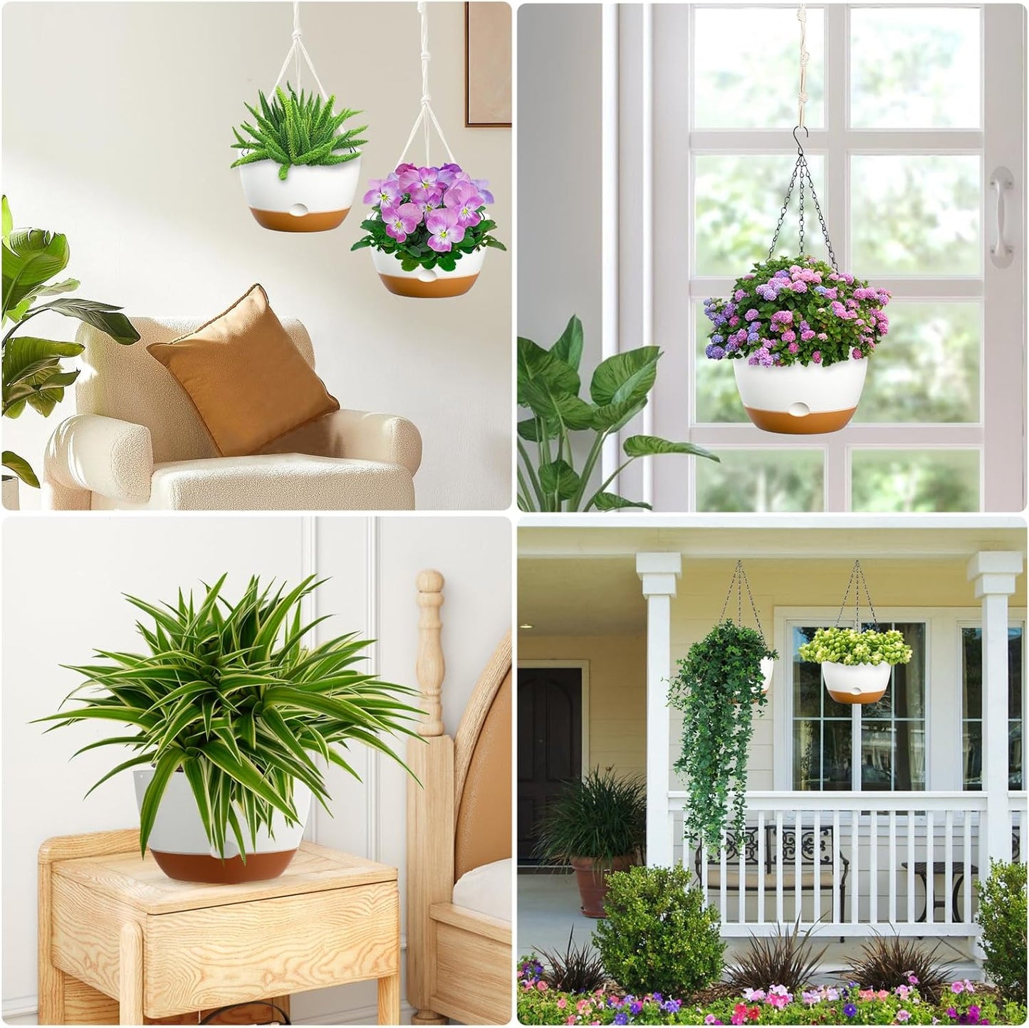 10 Inch Hanging Planters for Indoor & Outdoor Plants (2 Pack) - Self-Watering & Drainage Flower Pots with 2 Kinds of Plant Hangers for Home Decor & Garden (White, 10 in)