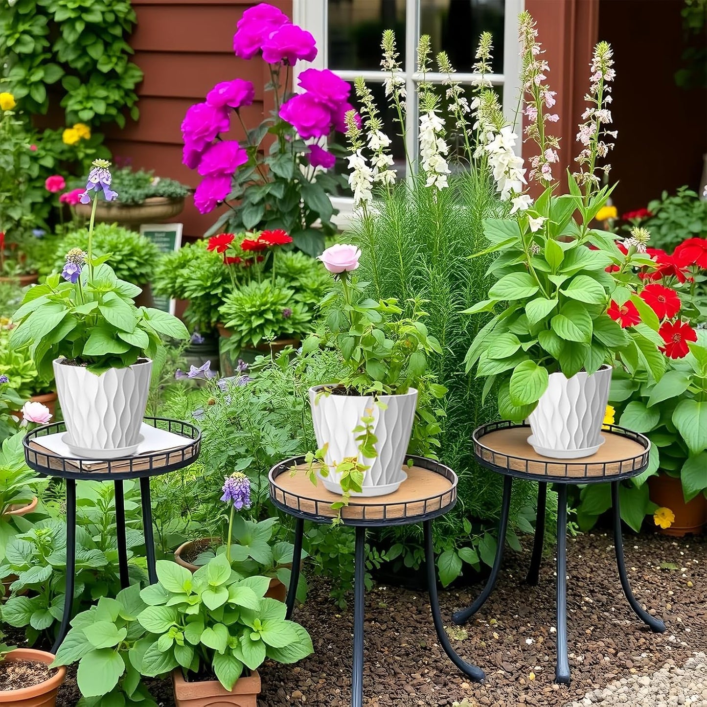 10 Pack 5 Inch Plant Pots with Drainage and Saucers, White Plastic Flower Pots for Indoor and Outdoor Plants, Stackable Nursery Planters for Houseplants and Herbs, White