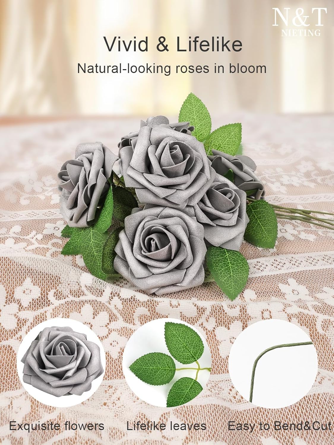 N&T NIETING Artificial Flowers, Fake Flowers Roses Perfect for DIY Wedding Bridal Bouquets Centerpieces Bridal Shower Party Home Flower Arrangement Decorations, 25Pcs, Silver Gray