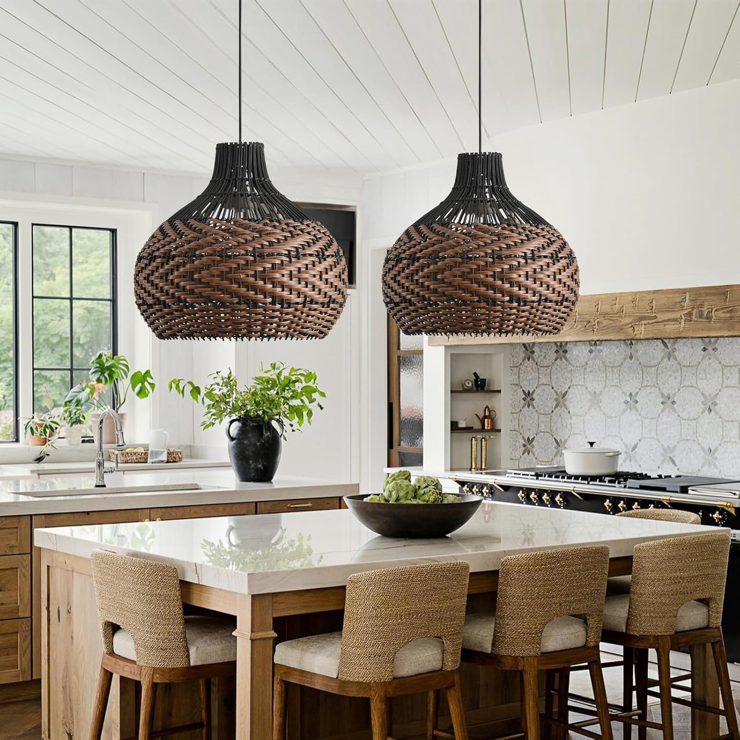 3-Light Rattan Pendant Light,15" Hand-Woven Black Brown Faux Rattan Hanging Light Boho Wicker Basket Chandelier,for Living Room Bedroom Kitchen Dining Farmhouse 1-Pack