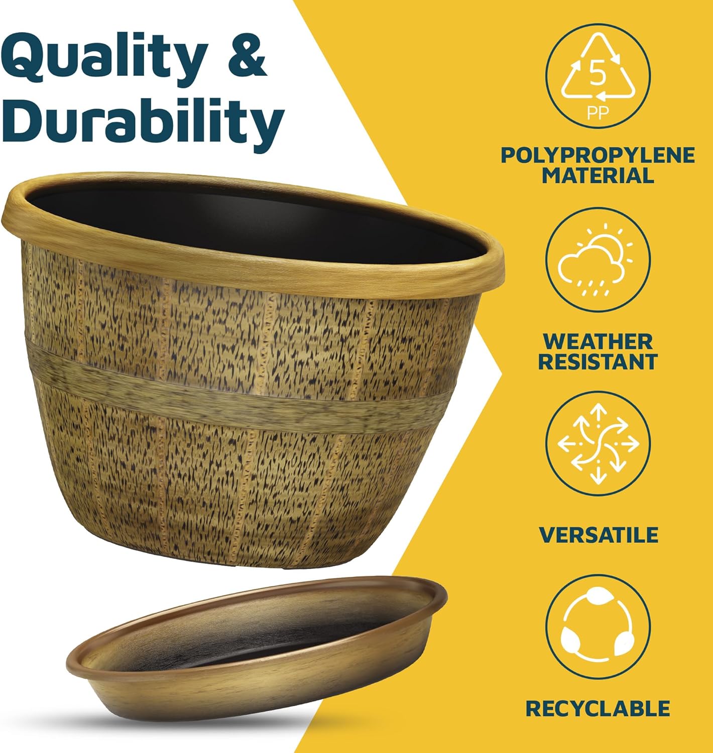 10-Inch Whiskey Barrel Planters Outdoor Pack of 5 - Durable Plastic Plant Pots for Indoor & Outdoor Use with Drainage & Saucer, Lightweight Rustic Barrel Planters for Flowers, Herbs & Small Plants