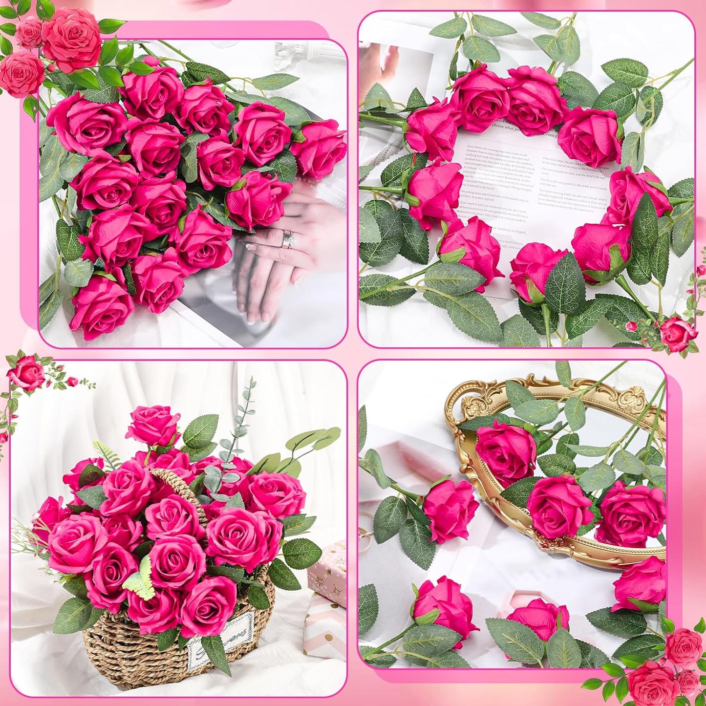 36 Pcs Hot Pink Artificial Roses with Long Stems, Fake Silk Rose Artificial Flowers Bulk for Bridal Wedding Bouquet Centerpiece Ball Arrangement Party Decor