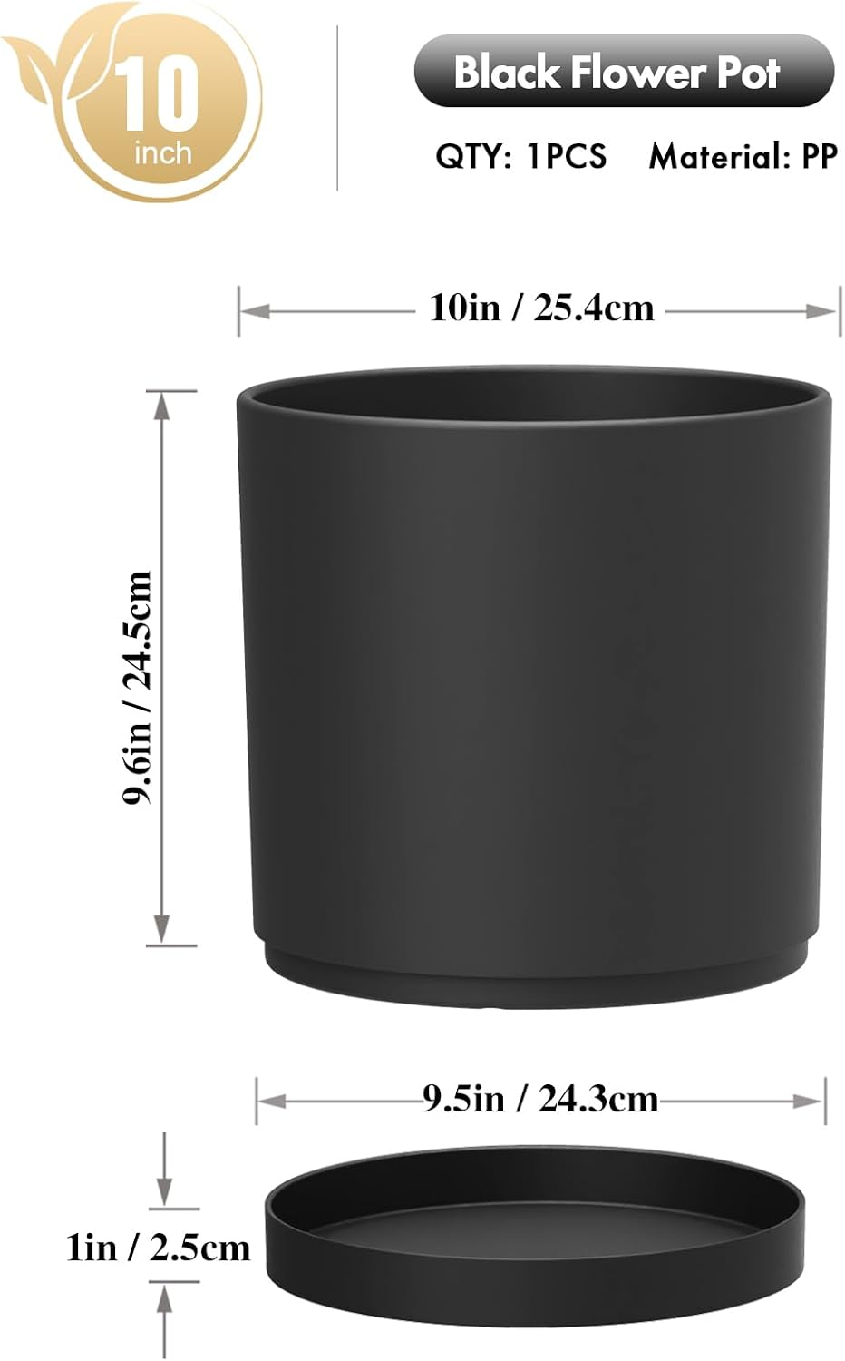 10 Inch Large Deep Plant Pots for Indoor Outdoor Plants, Tall Cylinder Flower Pots with Drainage Holes and Saucer, Big Plastic Planter Pots for Garden Porch House Plants, Black