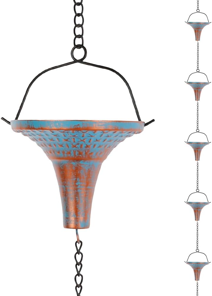 10 Ft Rain Chains for Gutters, Metal Rain Catcher Chain for Eaves Drainage, Rain Gutter Chains with 10 Blue Funnel Cups, Adjustable Rain Chain for Outdoor Decor