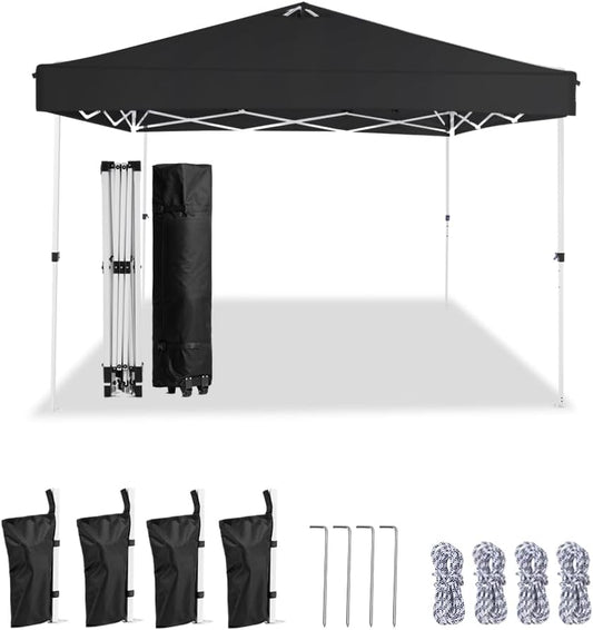 10x10 Pop Up Canopy,Event Tent – One-Person Setup, Waterproof & UV-Blocking, Heavy-Duty Steel Frame, Wheeled Bag & Sandbags – Outdoor Shade for Beach, Camping, Backyard, Tailgate (Black)