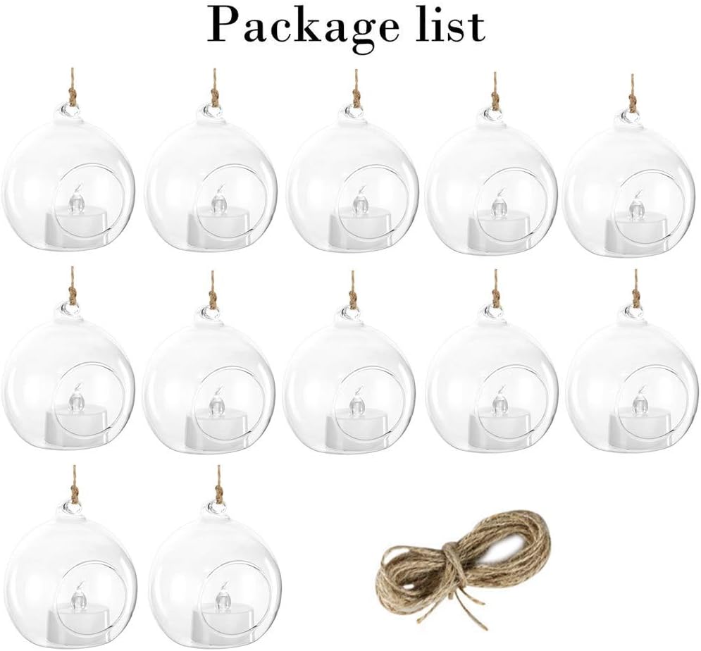 12 Pcs 3.15"/ 8cm Hanging Glass Tealight Holder Globe with LED Tealight, Plant Terrariums Glass Orbs Air Plants Tea Light Candle Holders Home Decor Indoor Outdoor Garden DIY Gifts (12 Pcs)