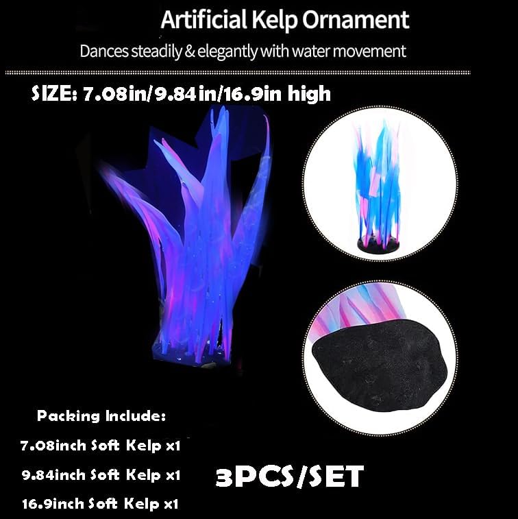 3Pcs Soft Silicone Aquarium Plants Set Glowing Kelp Fish Tank Plants Decor Artificial Blue Aquarium Plant Simulation Artificial Water Grass for Fish Tank,7.08in9.84in16.9in