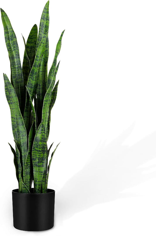 KOL 3ft Artificial Snake Plant, Fake Sansevieria Potted Plants, 32 Thick Lifelike Faux Leaves, Indoor Home Office Decor, Mother-in-Law Tongue Houseplant, 35in, Green