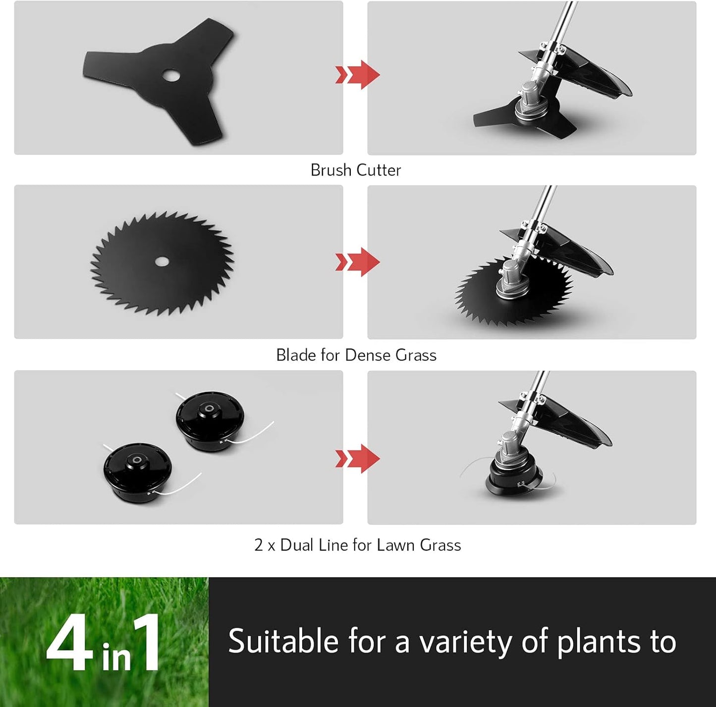 58CC Weed Wacker Brush Cutter, Gas Powered String Trimmer 4-in-1 Gas Weed Eater with 4 Detachable Heads Straight Shaft 2-Cycle for Weed, Brush(Green)