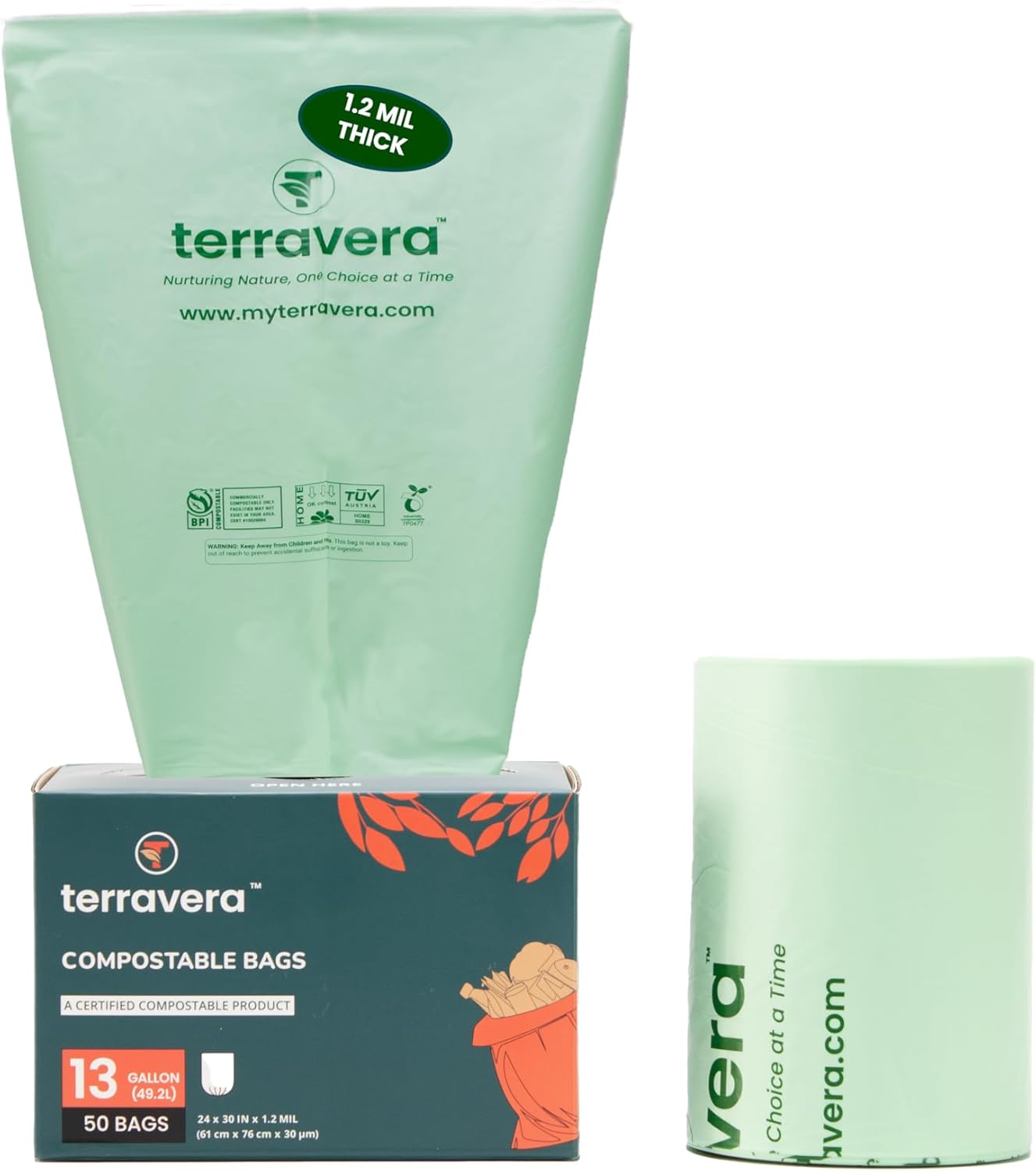 Compostable Trash Bags with Handles | BPI & OK Home Certified ASTM D6400 Standards | Heavy Duty Kitchen & Yard Waste Bags (13 Gallon Flat Top, 50 Count)