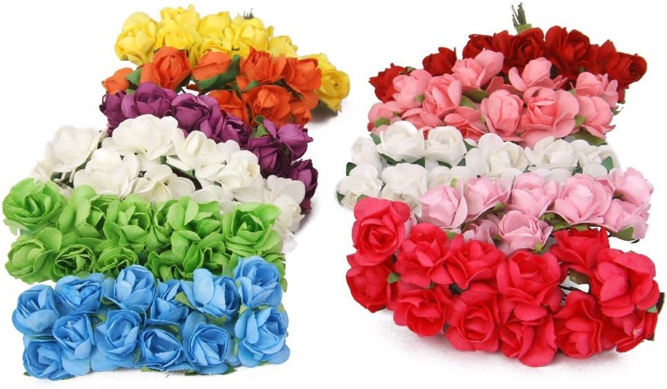 Mini Fake Rose Flower Heads 144pcs Mini Artificial Mulberry Paper Roses Flower with Wire Stem DIY Wedding Flowers Accessories Make Bridal Hair Clips Headbands Dress (Blue)
