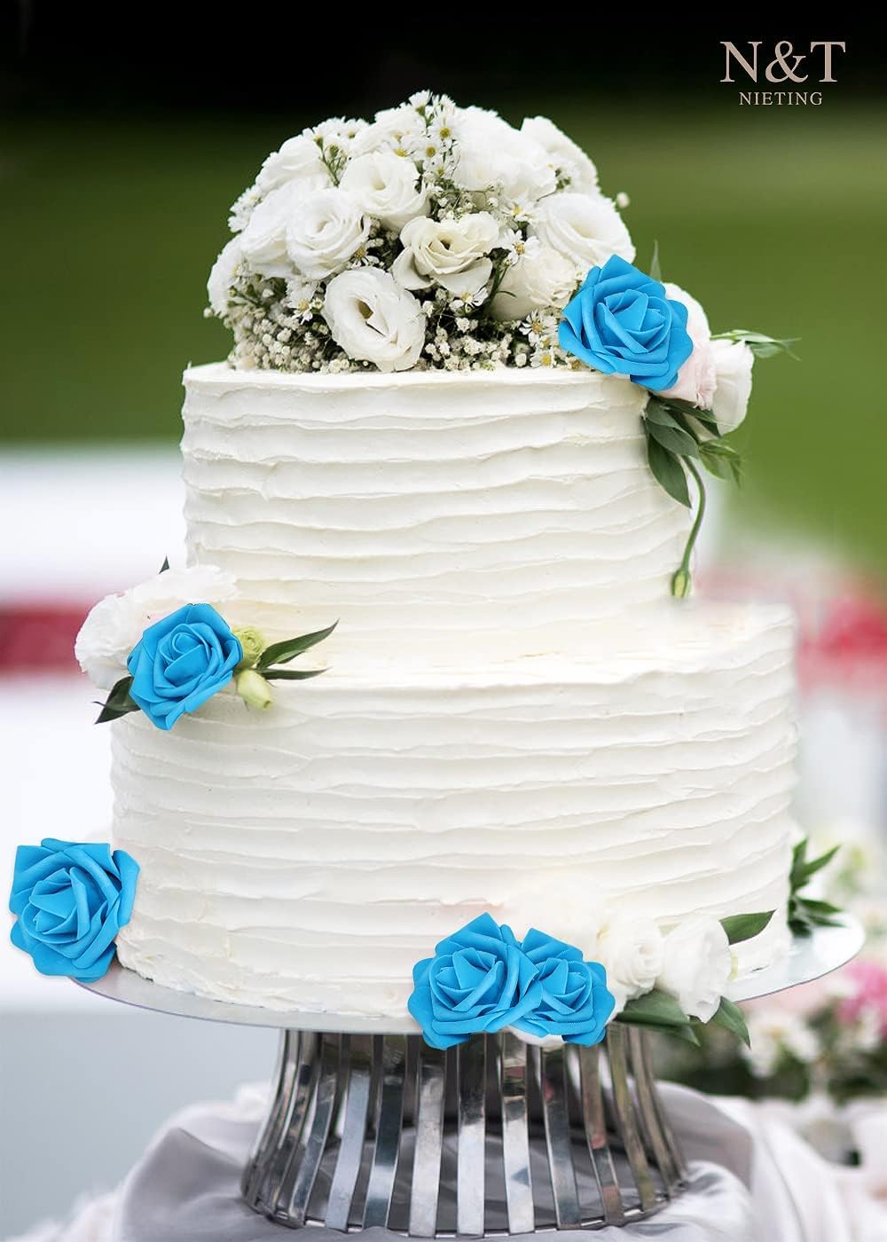 N&T NIETING Artificial Flowers 50pcs Real Looking Blue Foam Fake Roses with Stems for DIY Wedding Bouquets White Bridal Shower Centerpieces Arrangements Party Tables Decorations