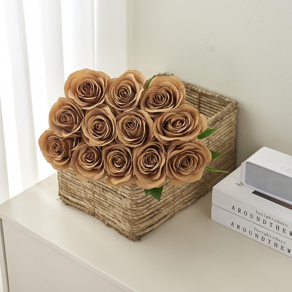 12pcs Coffee Roses Artificial Flowers Fake Roses Silk Flowers Roses with Long Stems for Wedding Home Party Centerpieces Decorations