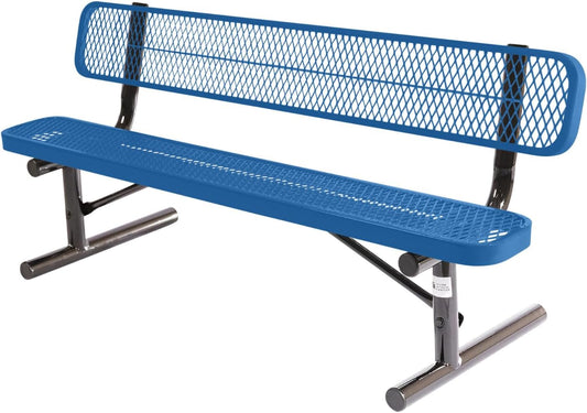 Heavy-Duty Portable Outdoor Bench Thermoplastic Coated, Expanded Metal, Commercial-Grade Seating, Made in America (Portable with Back, 6 Ft, Textured Light Blue)
