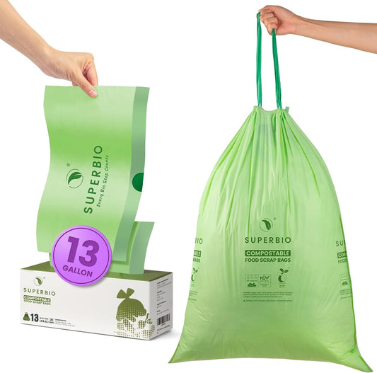 SUPERBIO 13 Gallon Compostable Drawstring Kitchen Waste Bag, 49.2 Liter, 30 Count,1 Mil, Heavy Duty Food Scrap Bags, BPI, Seedling and OK compost INDUSTRIAL