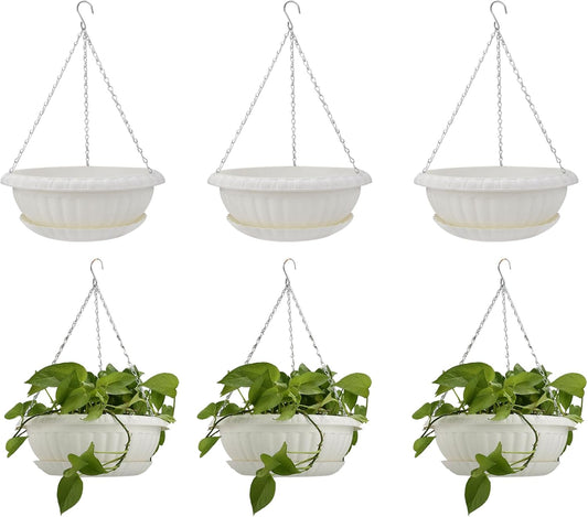 10.63in Hanging Planter Pots for Outdoor and Indoor Plants Flowers with Drainage Hole Tray Hooks Plastic Plant Baskets for Garden Home Porch (White, Pack of 6)