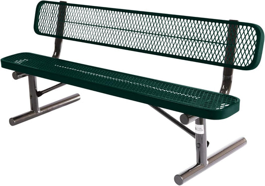Heavy-Duty Portable Outdoor Bench Thermoplastic Coated, Expanded Metal, Commercial-Grade Seating, Made in America (Portable with Back, 6 Ft, Dark Green)