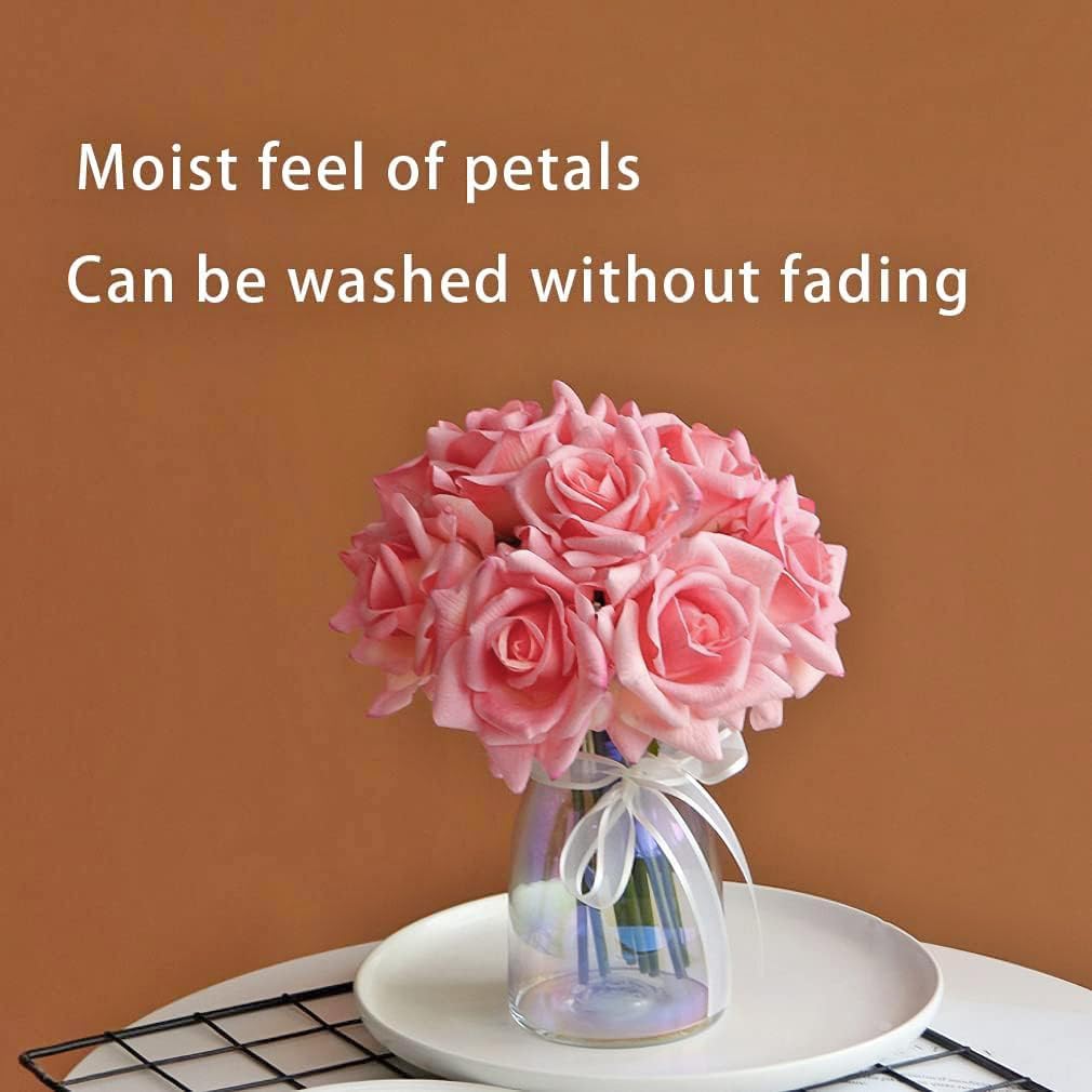 Artificial Roses Single Stem 10pcs Fake Silk Flower Arrangement Bouquet Real Touch for Home Party Wedding Decoration(Deep Pink)