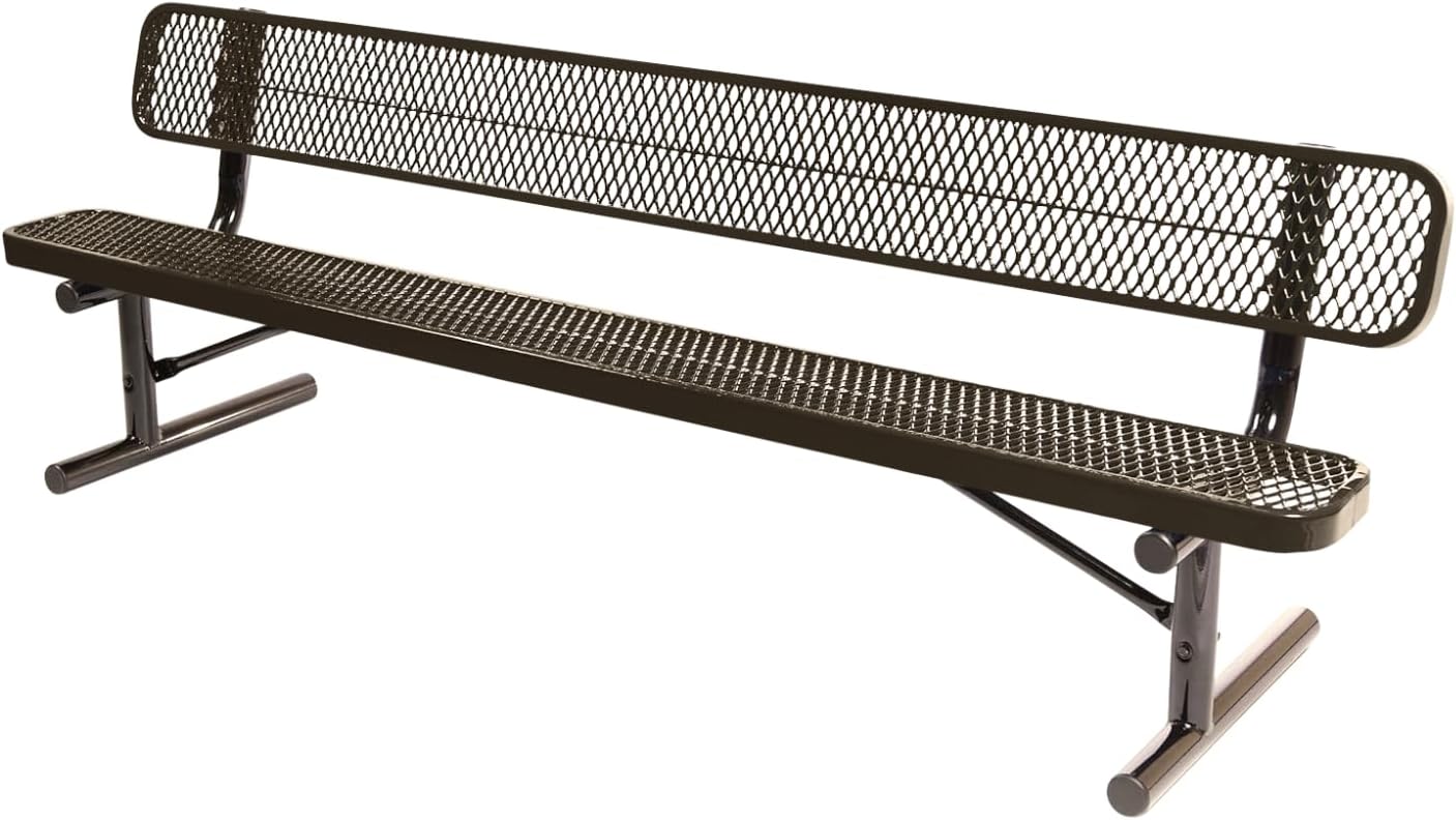 Heavy-Duty Portable Outdoor Bench Thermoplastic Coated, Expanded Metal, Commercial-Grade Seating, Made in America (Portable with Back, 8 Ft, Textured Brown)