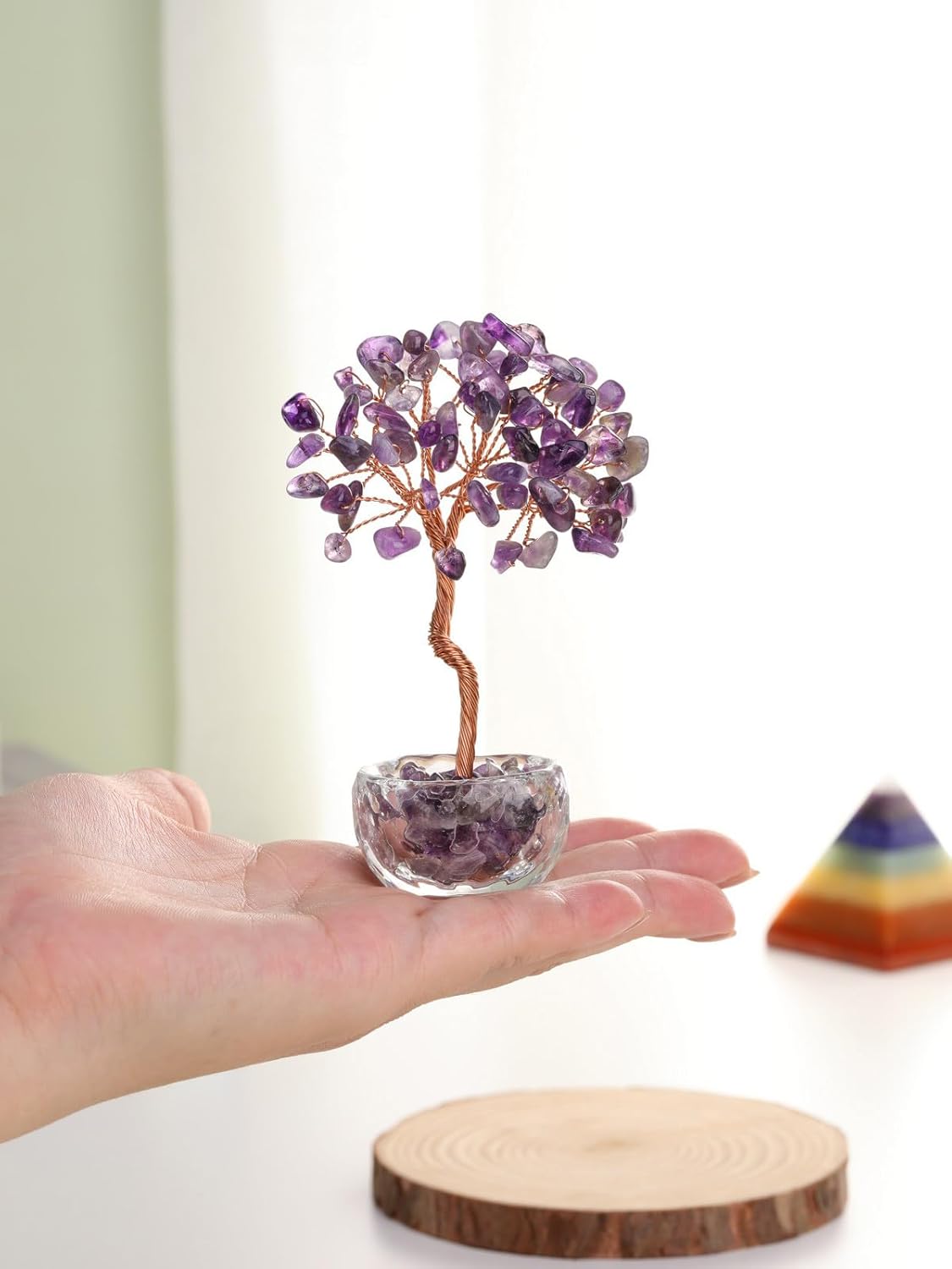 Jovivi Small Amethyst Crystals Tree, Natural Crystal Healing Stones Tree Glass Bowl Base Gemstone Money Trees Feng Shui Good Luck Home Desk Decor