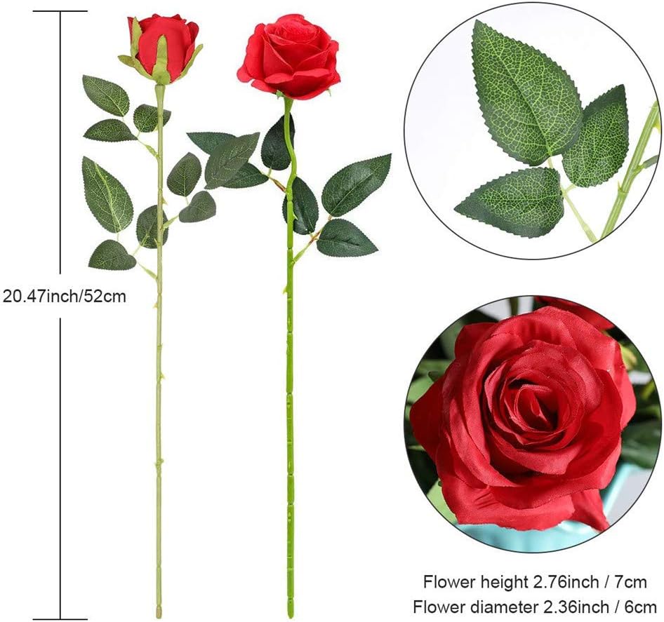 Hawesome 12PCS Artificial Silk Flowers Realistic Roses Bouquet Long Stem for Home Wedding Decoration Party A-Red -1