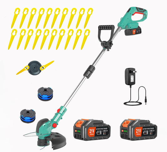 Weed Wacker Battery Operated 21V 2000mAh, 3-in-1 Weedeaters Cordless Brush Cutter Edger Lawn String Trimmer, with 4 Types Blades, 1 Battery, 1 Charger