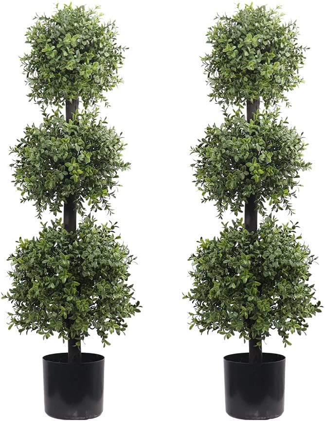 38''T Artificial Boxwood Topiary Triple Ball Outdoor Potted Plants Anti-UV Front Door Decor 2Pack