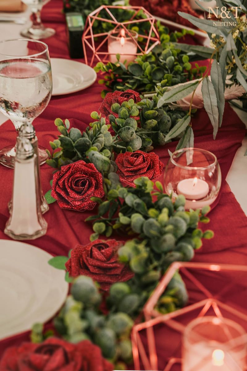 N&T NIETING Artificial Flowers Glowing Red Flowers Foam 50pcs Glitter Roses Real Looking Fake Roses with Stem for DIY Wedding Bouquets Centerpieces Bridal Shower Party Mother's Day Home Decorations