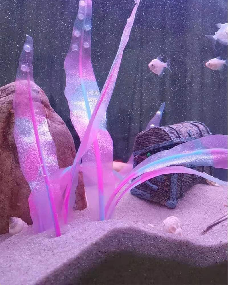 1Pc Silicone Aquarium Plants Tall Fish Tank Artificial Plants Decor Glowing Kelp Simulation Artificial Water Grass Fish Tank Plant,Pink,16.9in