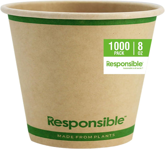 8 oz Paper Hot Cups (Squat), Tree-Less™ Compostable Paper Coffee Cups, Extra Strength, Tree-Free and Made Without PFAS, Natural Brown (1000 Count)