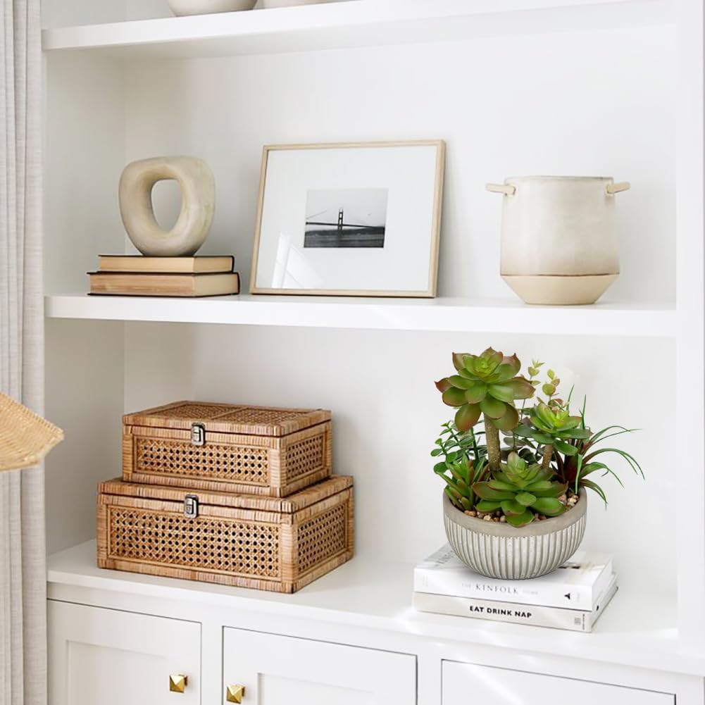 DILATATA Small Faux Plant Assorted Fake Succulents Plants Faux Succulents Arrangement Cement Potted Desk Plants Small Fake Plants for Home Table Office Bathroom Shelf Living Room Decor