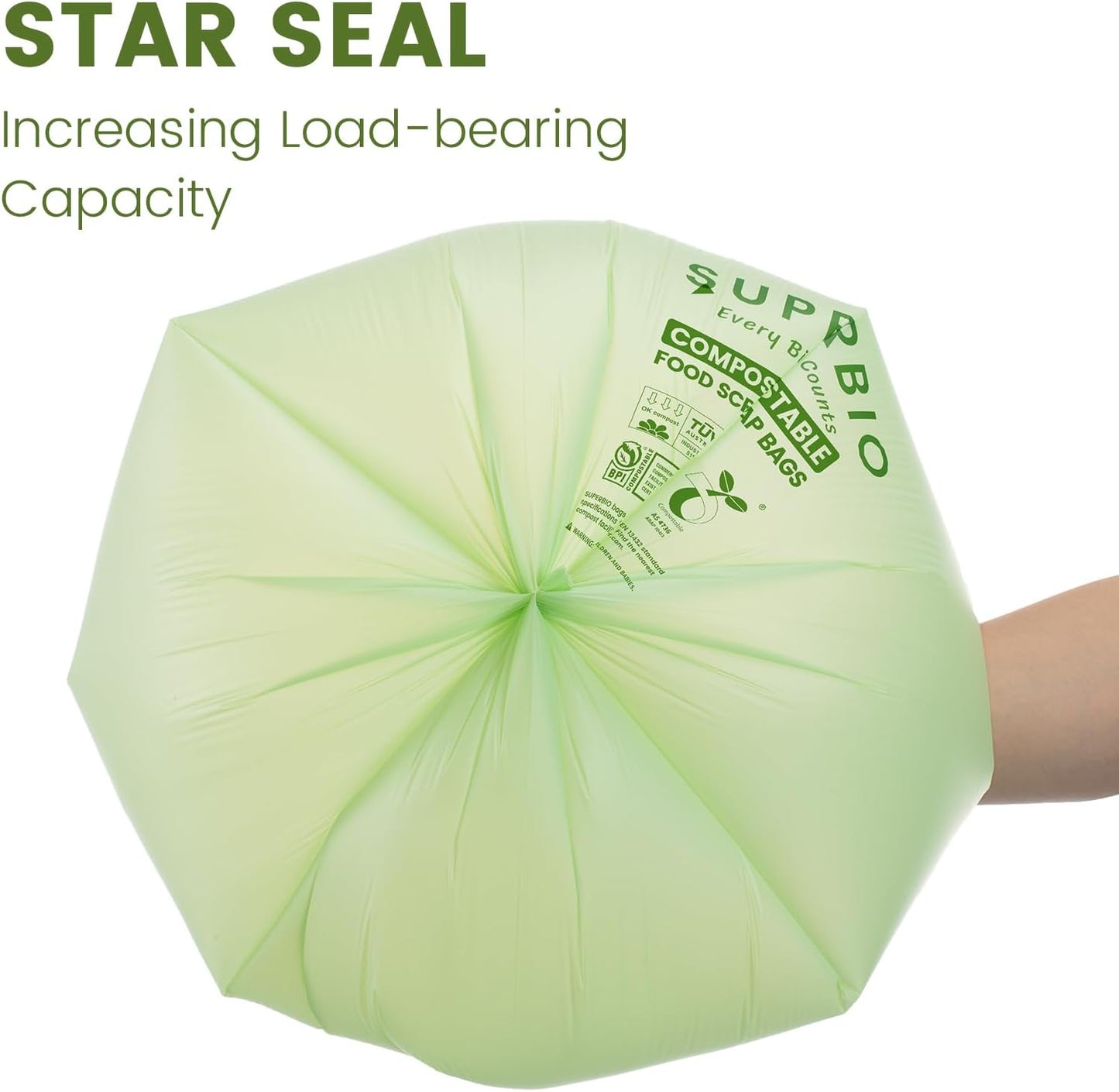 SUPERBIO 1.6 Gallon Handle Tie Compostable Food Scrap Bags, Small Compost Bags with Handles, 50 Count, 2 Pack, BPI & OK compost INDUSTRIAL