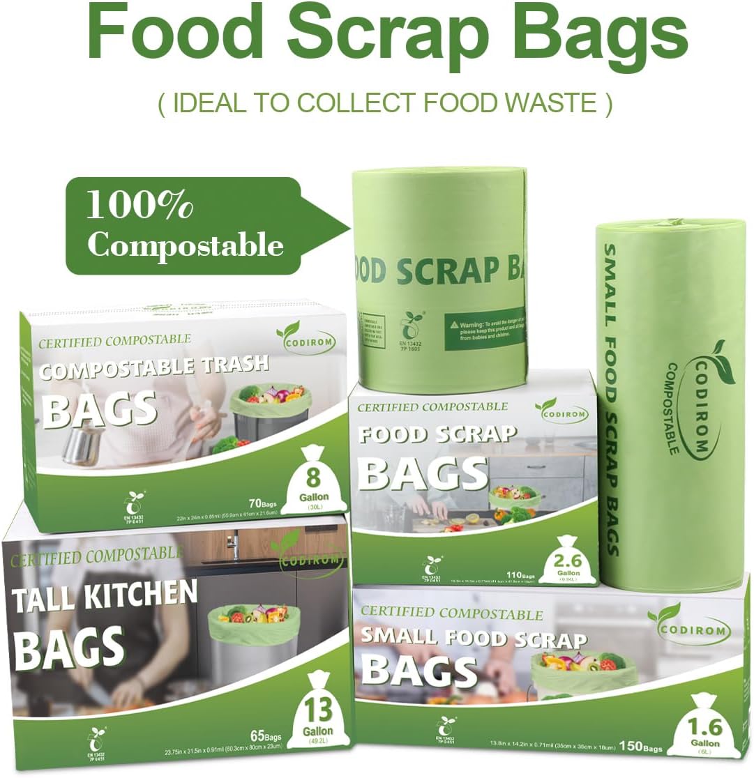 100% Compostable 1.6 Gallon Trash Bags, 6 Liter, 150 Count Kitchen Food Scrap Small Compost Bags for Countertop Bin with Europe EN13432 Certified