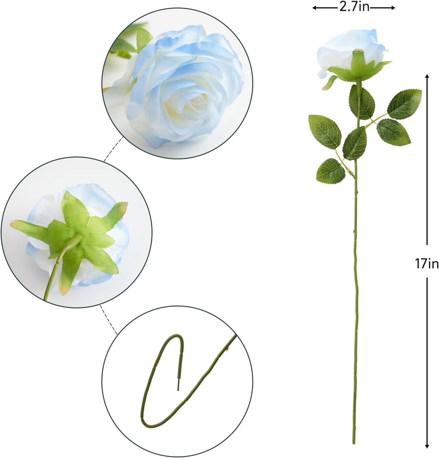 Ice Blue Artificial Roses Fake Flowers Not Bend The Peduncle with Stems for DIY Wedding Bouquets Bridal Shower Centerpieces Arrangements Tables Decorations 24pcs