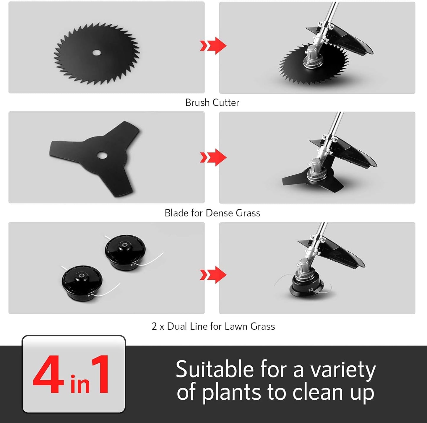 COOCHEER Brush Cutter Gas Powered 58cc, 4 in 1 Weed Wacker, 2-Cycle String Trimmers Gas Brush Cutter Straight Shaft Gas Grass Trimmer for Lawn and Garden Care Trimming, Red