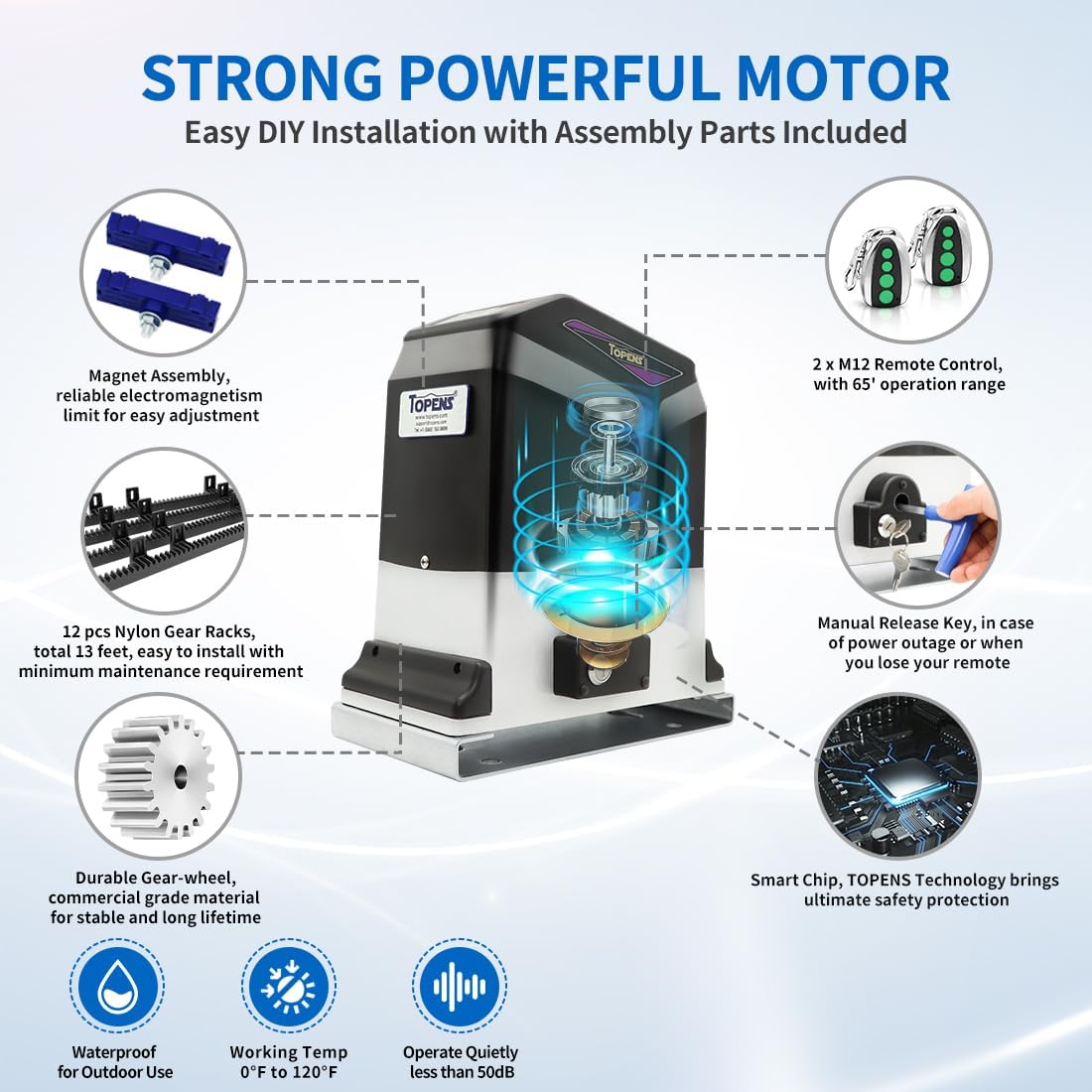 TOPENS RK1200T Automatic Sliding Gate Opener Rack Drive Electric Gate Motor for Heavy Driveway Slide Gates Up to 3400 Pounds, Security Gate Operator AC Powered with Nylon Gear Rack and Remote Control