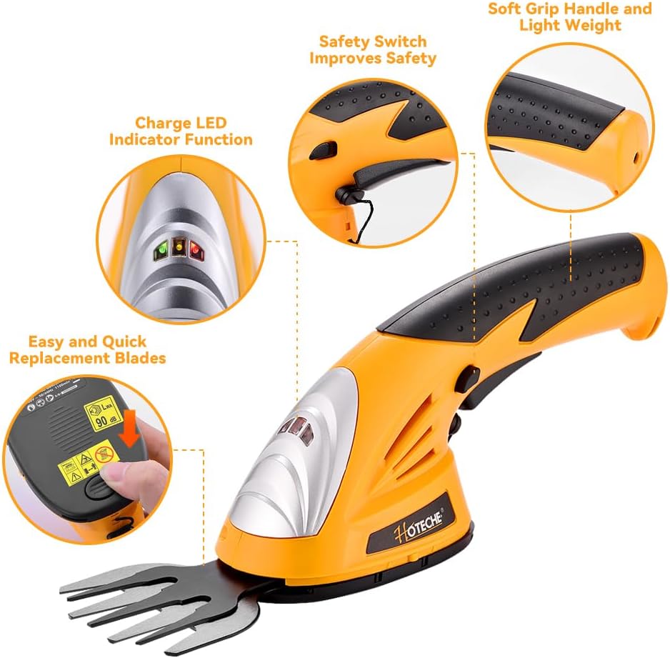 Hoteche Cordless Grass Shear & Hedge Trimmer 2-in-1 Handheld 7.2V Rechargeable Electric Shrub Clippers