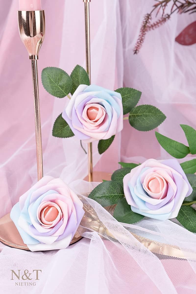 N&T NIETING Artificial Flowers, 25Pcs Fake Flowers Roses Perfect for DIY Wedding Bouquets Centerpieces Bridal Shower Party Home Flower Arrangement Decorations, Rainbow Color