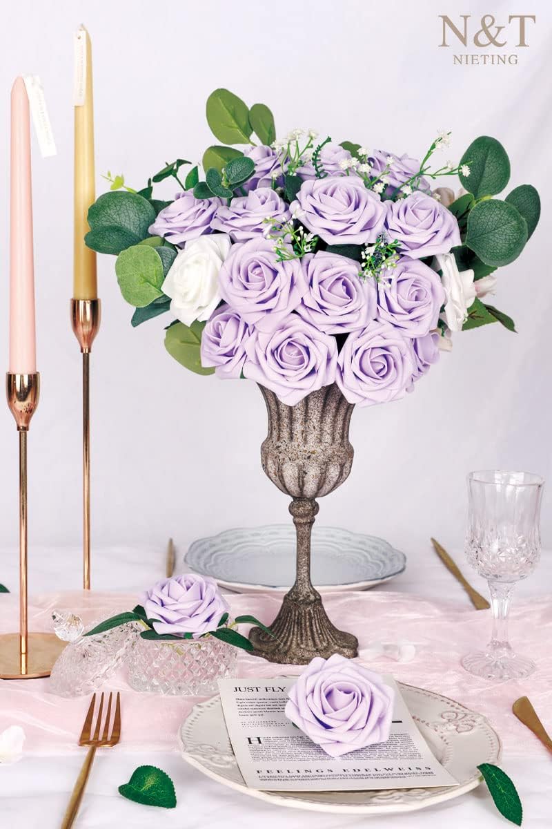 N&T NIETING Artificial Flowers, 50pcs Lavender Fake Rose Flowers with Stem for DIY Wedding Bouquets Centerpieces Arrangements Party Baby Shower Home Decorations