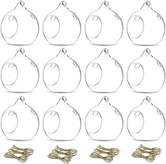 12 Pcs 3.15"/ 8cm Hanging Glass Tealight Holder Globe Plant Terrariums Glass Orbs Air Plants Tea Light Candle Holders Home Decor Indoor Outdoor Garden (with 2 Holes, 9 Pcs + 3 Pcs)